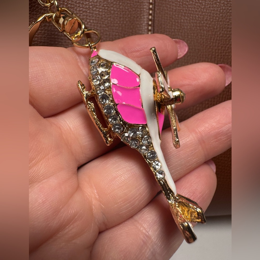 Glam Helicopter Glitter Pink, White & Crystal Bag Charm Keychain Gold Metal